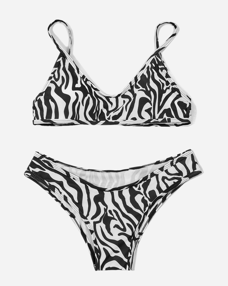 Animal Print V-Wire Bikini Top&Animal Print Hipster Bikini Bottom Set