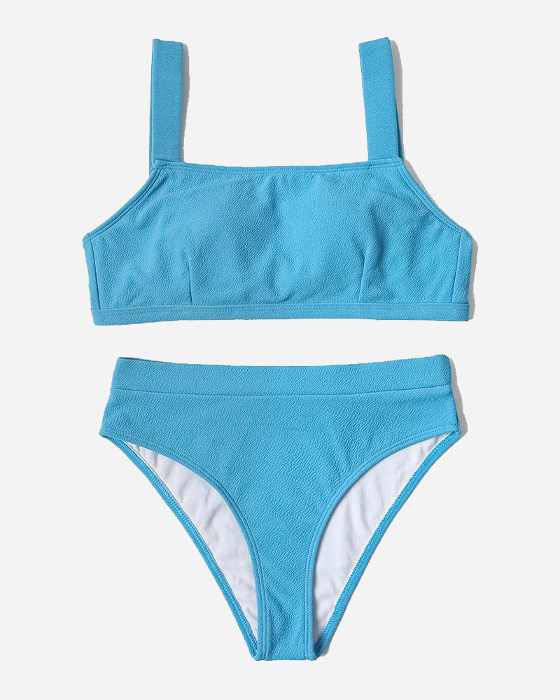 Solid Square Neck Textured Bikini Top&Mid Rise Textured Bikini Bottom Set