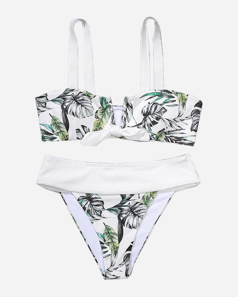 Floral Bandeau Bow Bikini Top&Mid Rise Colorblock Bikini Bottom Set