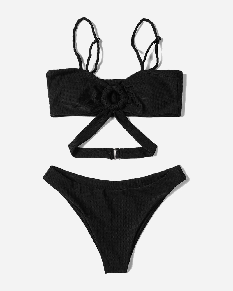 Solid O-Ring Square Neck Bikini Top&Solid Hipster Bikini Bottom Set