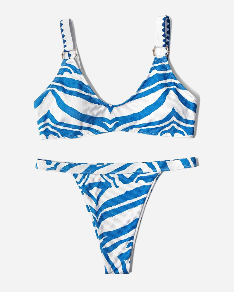 Zebra print Shell Stitched Crewneck Bikini Top&Zebra print Hipster Bikini Bottom Set