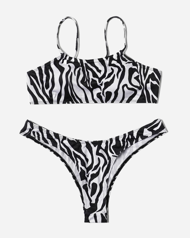 Zebra print Crewneck Bikini Top&Zebra print Hipster Bikini Bottom Set