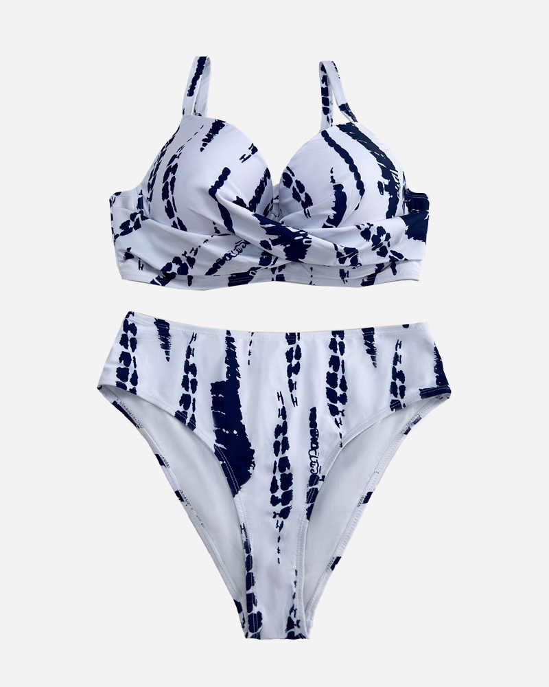 Printed Twist Front Plus Size Swimwear Bikini Top&Printed High Rise Bikini Bottom Set