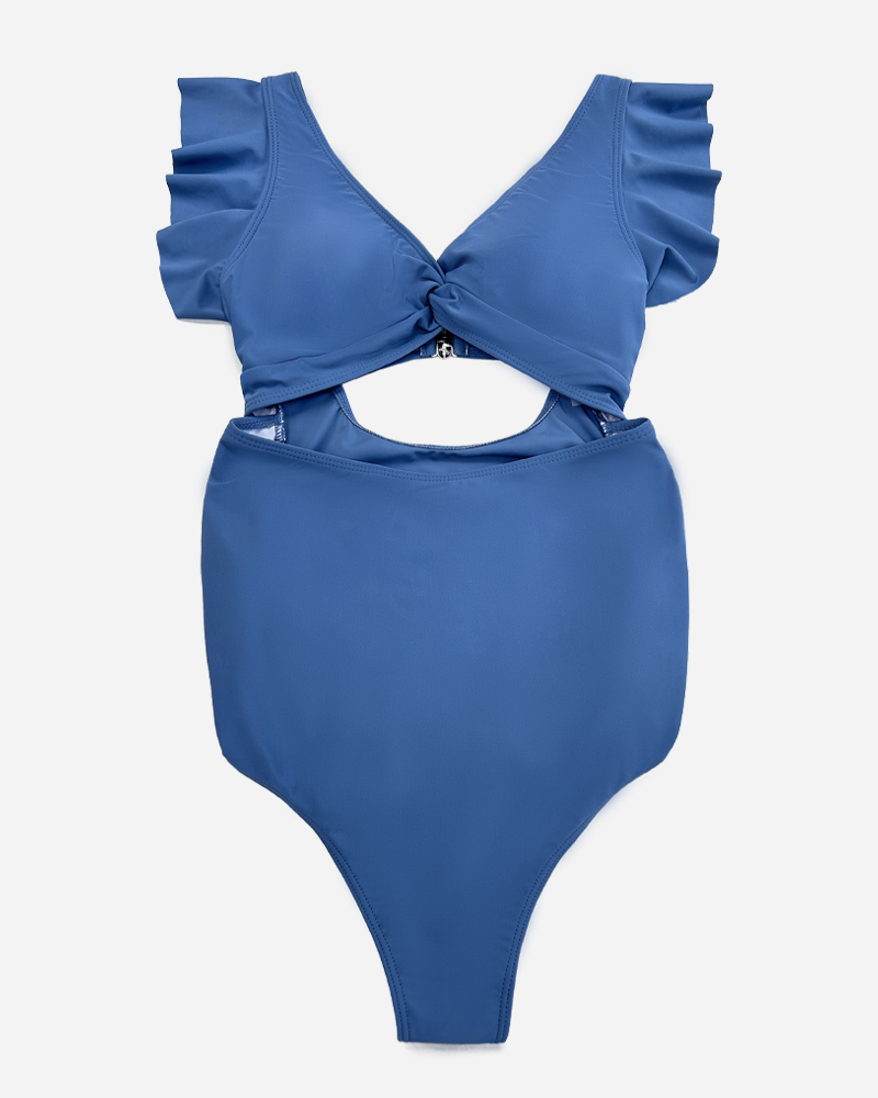 Solid Ruffled V-Wire Cut Out One Piece Maternity Swimwear