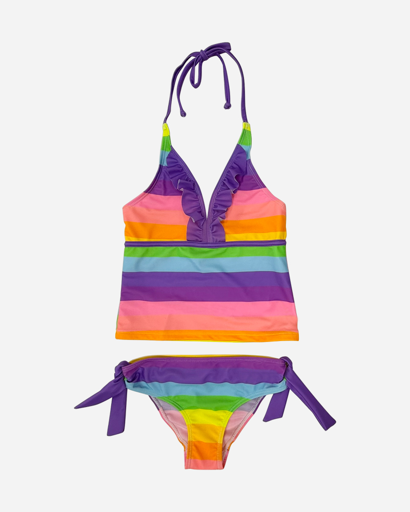 Rainbow Print Ruffle Bikini Top & Tie Side Bikini Bottoms Set