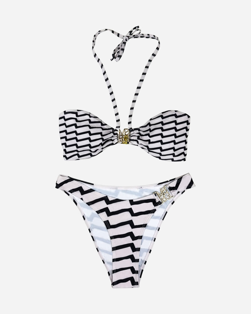 Geometric Halter Bikini Top & Mid Rise Bikini Bottoms Set