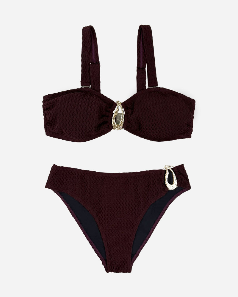 Trim Front Jacquard Bikini Top & Mid Rise Bikini Bottoms Set