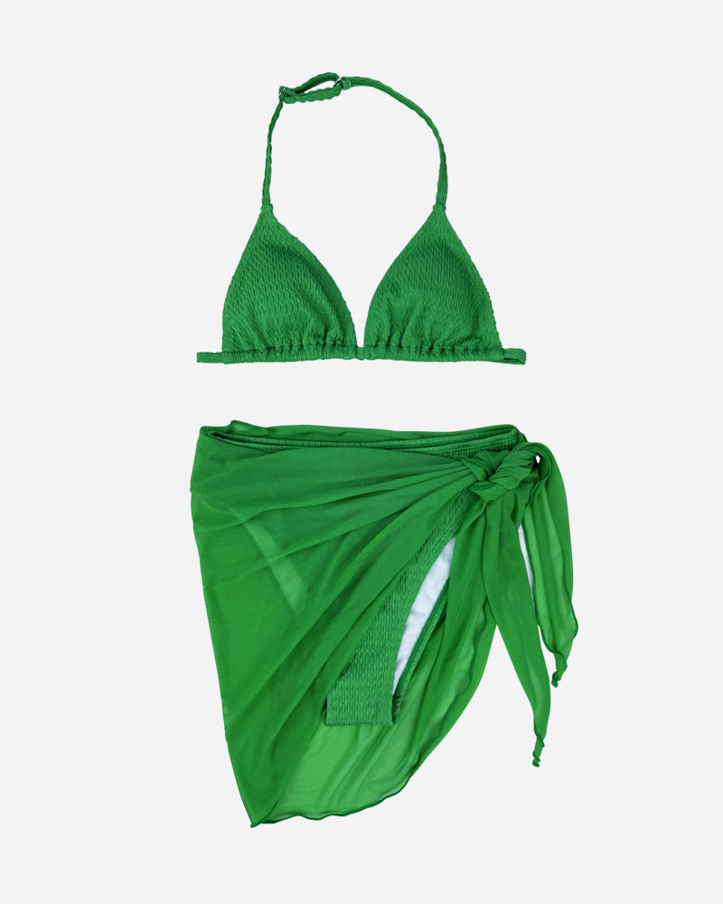 Halter Neck Triangle Bikini Top & Bikini Bottoms & Cover-Up Set