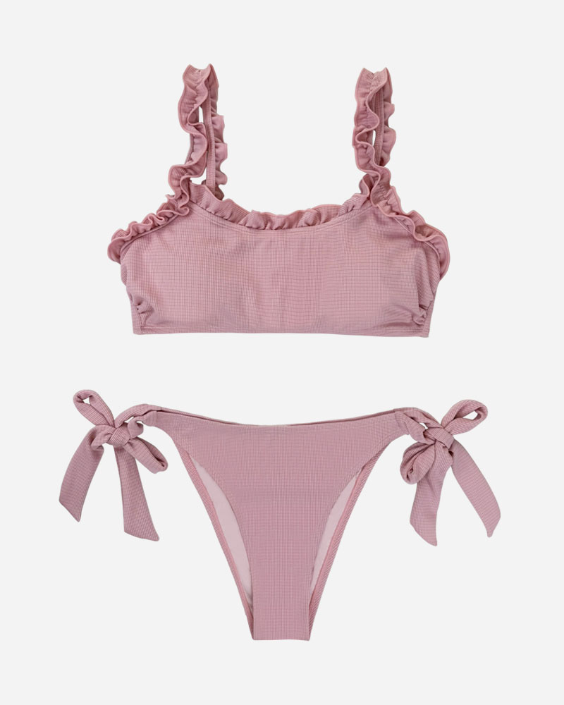 Textured Frill Bikini Top & Tie Side Bikini Bottoms Set