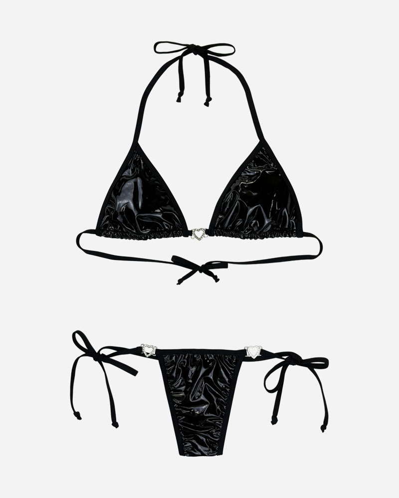 Glossy Trim Front Triangle Bikini Top & Tie Side Bikini Bottoms Set
