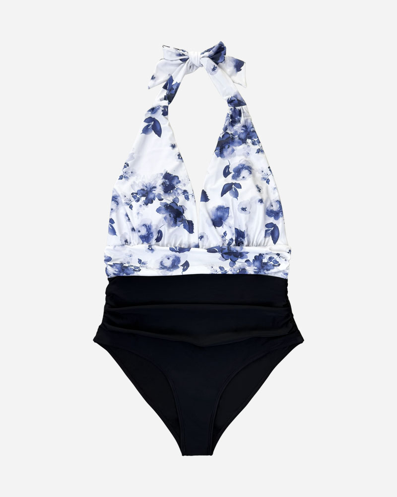 Floral Halter Neck Tummy Control One Piece Swimsuit