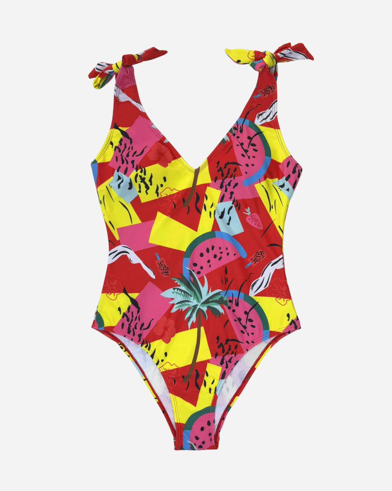 Abstract Print Deep V Back One Piece Swimsuit