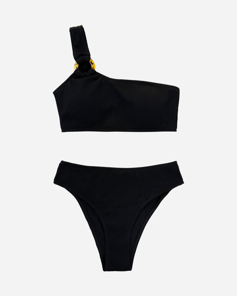 One Shoulder O-Ring Bikini Top & High Cut Bikini Bottoms Set